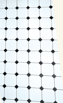 
Glass-block walls and hints of red accent contrast with black and white tiling and amenities to revivify this bathroom. Ceramic tile can be a green, low-cost, remodeling alternative.
